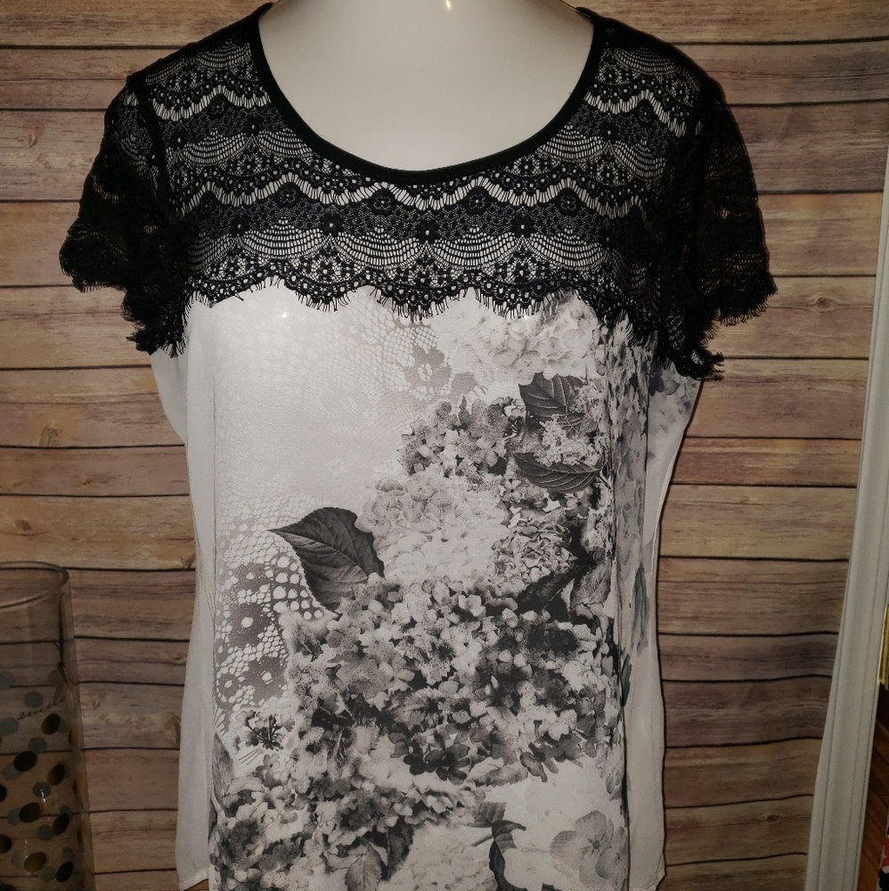 Beautiful sheer, lace black and white top